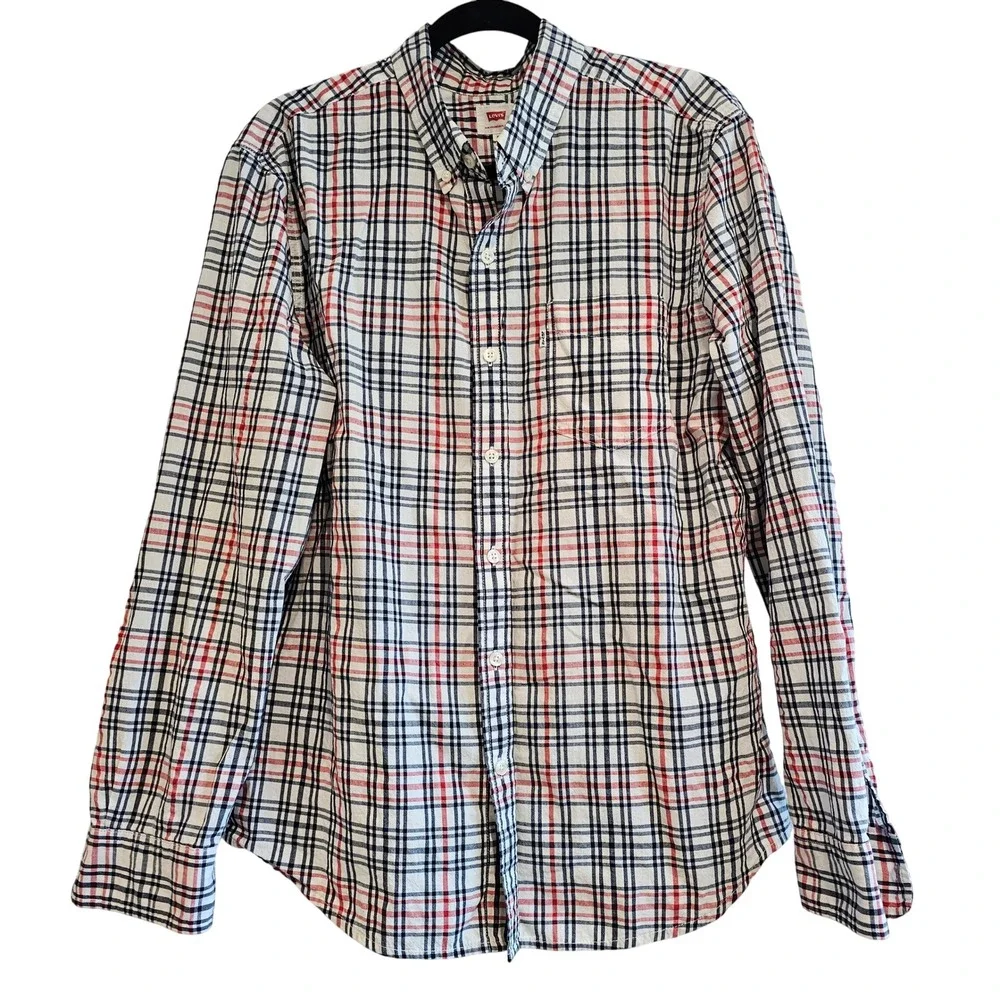 Levi's XL‎ Mens Button Down Shirt Long Sleeve Plaid Checkered White Red Blue